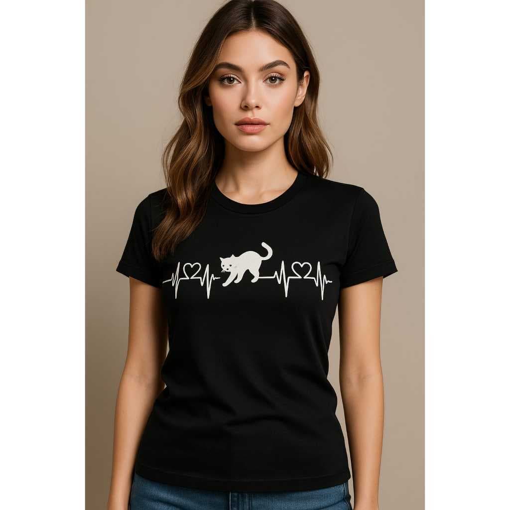 Camiseta Feminina Manga Curta Ritmo Cardíaco Amor Gato 100% Algodão Passeio Balada Diversão Curtição