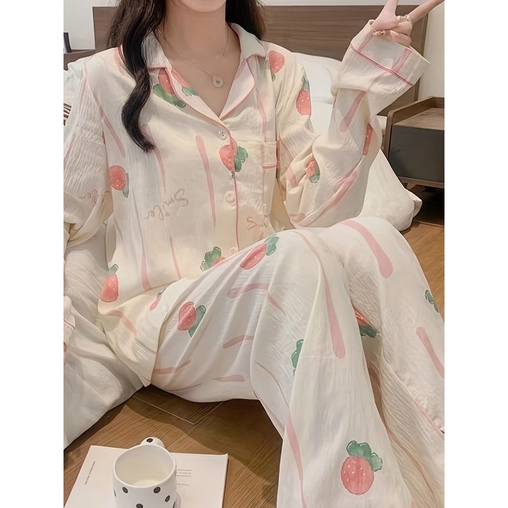 Outono inverno novo estilo senhoras pijamas morango impressão completa pijamas estilo fresco tecido confortável casa Cas