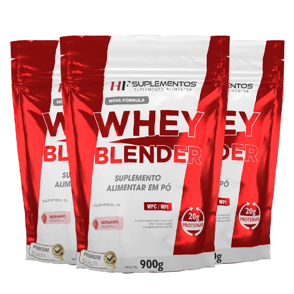 3X WHEY BLENDER CONCENTRADO MORANGO 900G HF SUPLEMENTOS