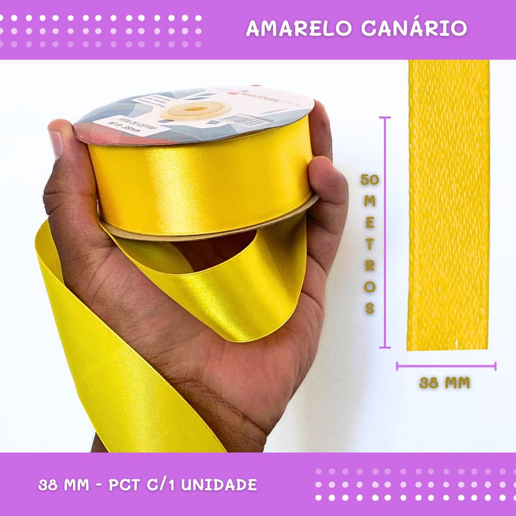 Fita de Cetim Lisa - 38mm - Rolo C/50 Mts COR:AMARELO-CANARIO