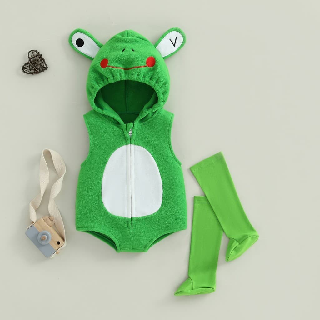 Fantasia De Sapo De Halloween Para Bebê , Sem Mangas , Capuz , Zíper , Macacão , Meias Longas