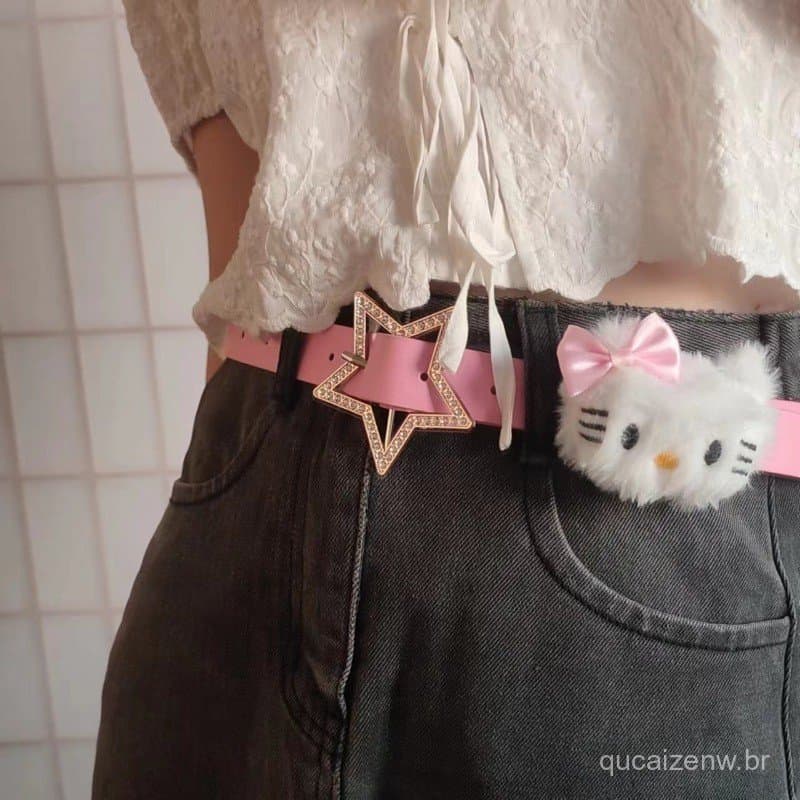 Y2k Cintos De Desenho Animado Estilo Japonês Para Mulheres Doce Gato Fofo Cinto De Couro Rosa Acessórios De Uso