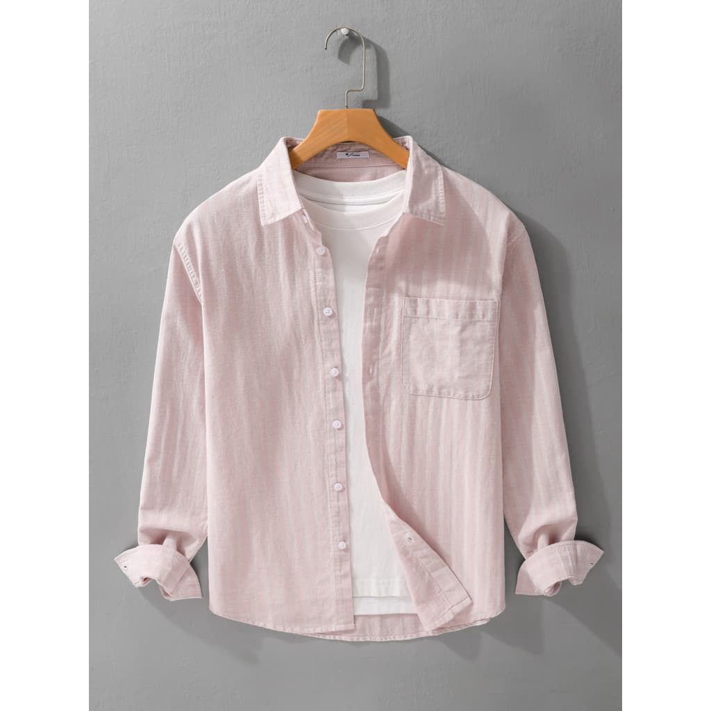 Japonês arte fresca elegante rosa listrado camisa masculina manga longa solta Casual puro algodão textura camisa jaqueta