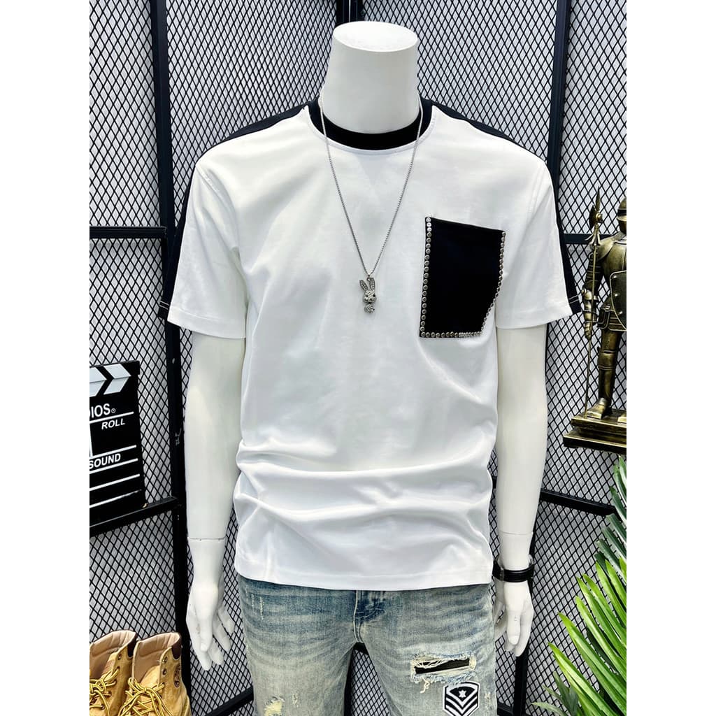Verão único Original luz luxo solto ins na moda costura contraste cor simples respirável de manga curta camiseta masculi