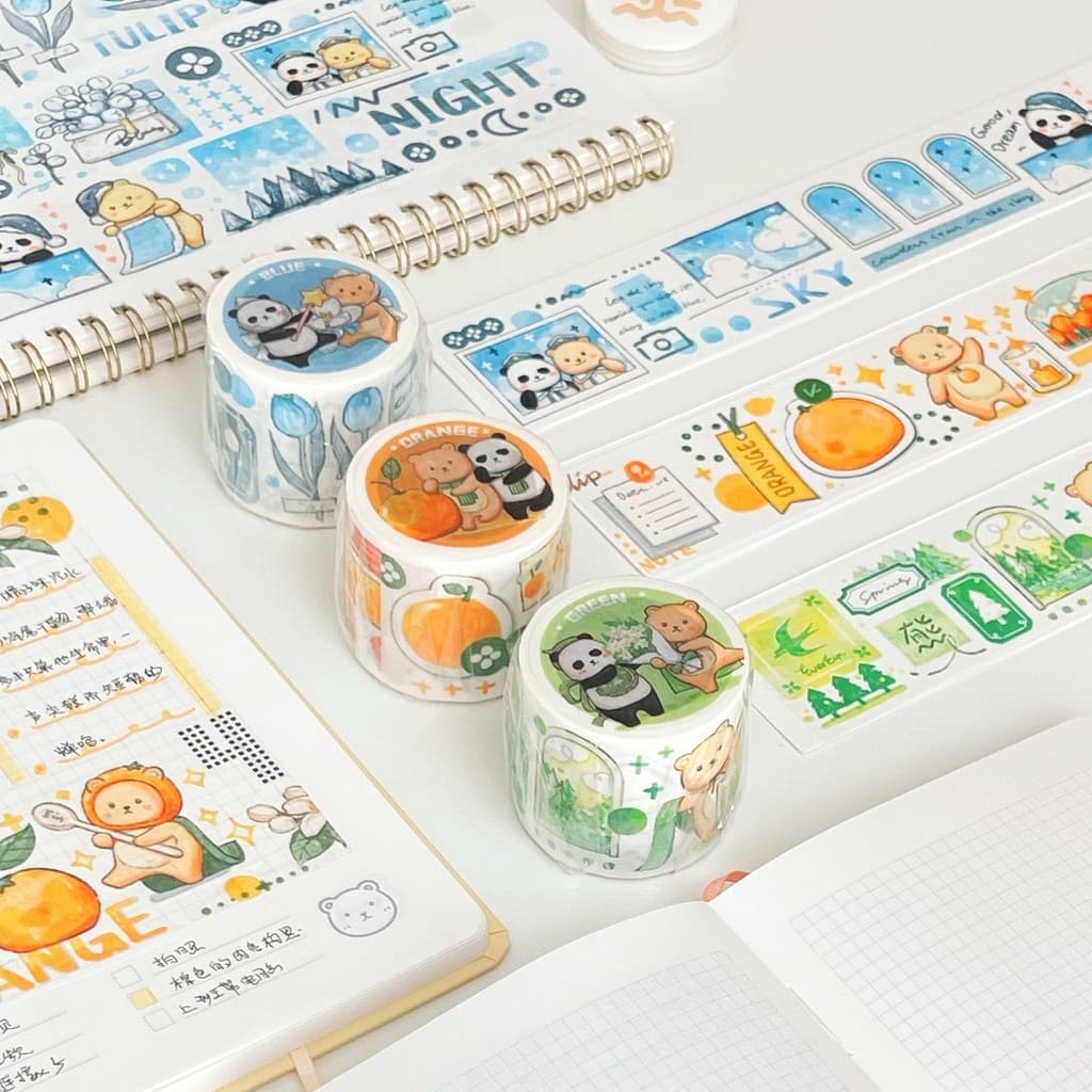 Fita colorida de urso, pequeno, verde, grande, laranja, Alan, Washi, manual, decoração, colagem, Panda fofo, ilustração