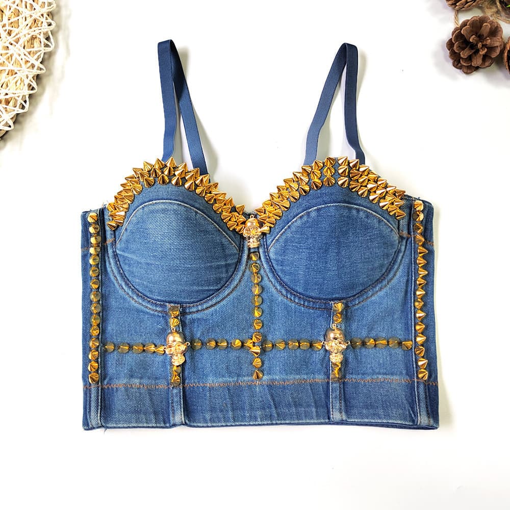 Ebay Denim estilingue exterior usar espinha de peixe em forma de espartilho frisado bala decoração única menina quente t