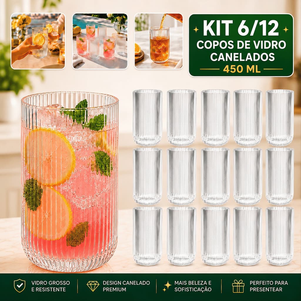 Jogo 6 ou 12 Copos Canelado Vidro Grosso Design Luxo Grafiato Elegante Versalhes Buffet Casual Drink