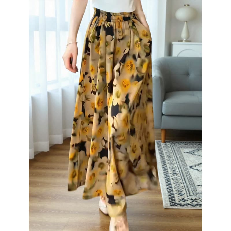 Tamanho grande Retro high-End estilo ocidental Floral calças de perna larga verão cintura alta moda mais magro olhar tem