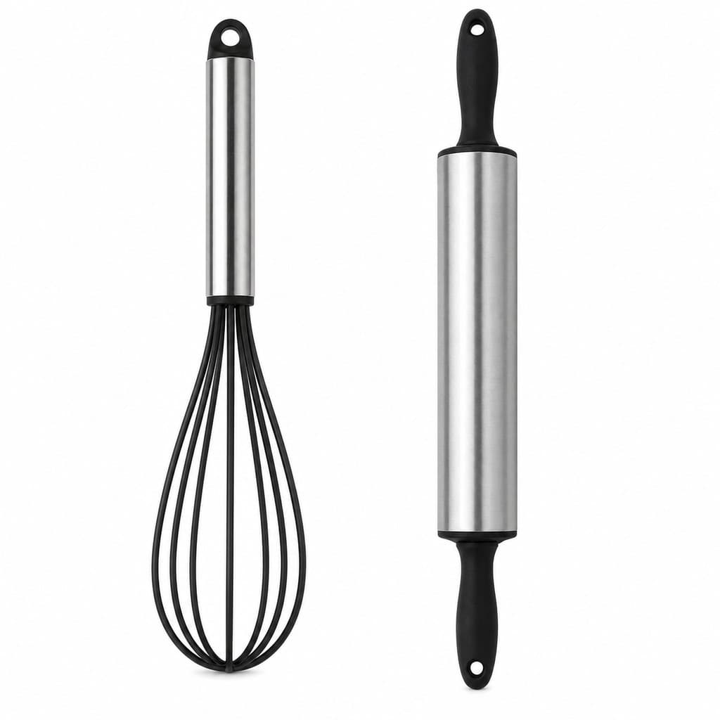 Kit Batedor de Ovo Silicone Fouet Rolo Massa Inox Cozinha Confeitaria Misture Fácil Rápido Prática