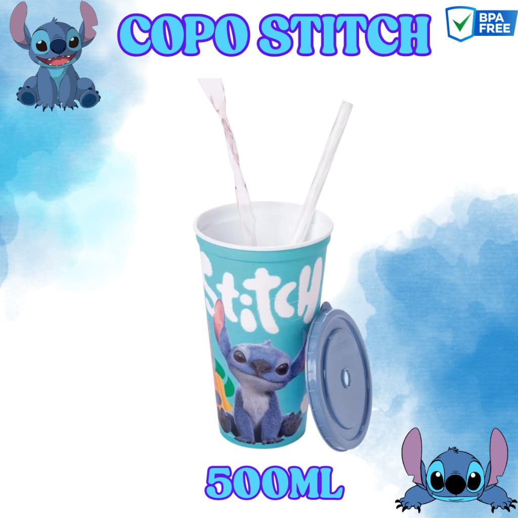 Copo Stitch Disney Infantil Com Tampa e Canudo Plasútil 500 ML