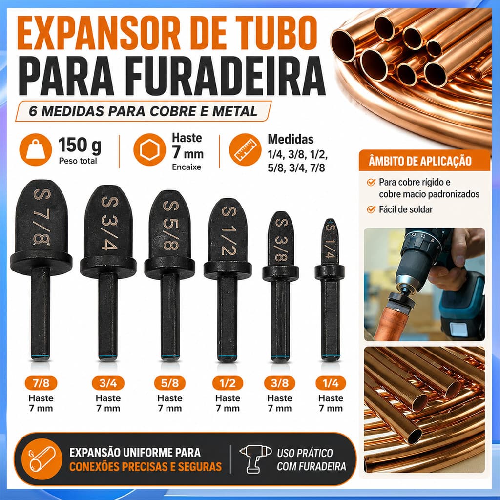 Conjunto de 6 peças de broca elétrica manual, expansor de tubo de cobre, haste hexagonal, ferramenta de alargamento de t
