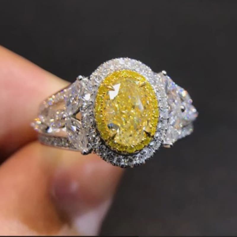 Conjunto Completo de Anel de Zircônia Amarela Vazado com Diamantes para Casamento, Jantar, Festa, Joias de Noiva JOO9