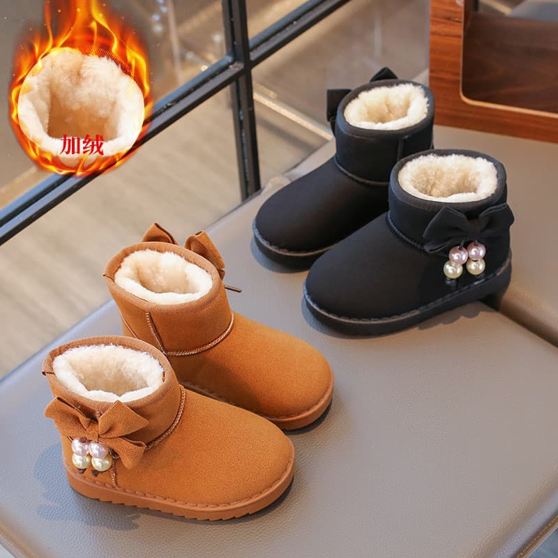 W inverno novo estilo arco pérola meninas botas de neve crianças forro de lã engrossado grande algodão meninas couro à p