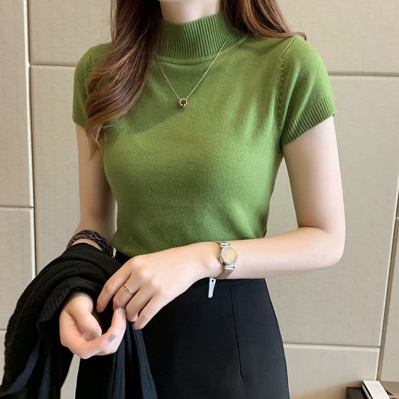 Blusa de Tricô Feminina com Gola Média/Colete Slim-Fit QOEY