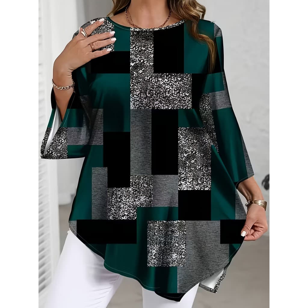 Camisa Blusa Feminina Solta com Barra Assimétrica e Estampa Abstrata, Nova Camisa Estilosa com Estampa Xadrez, um Top El