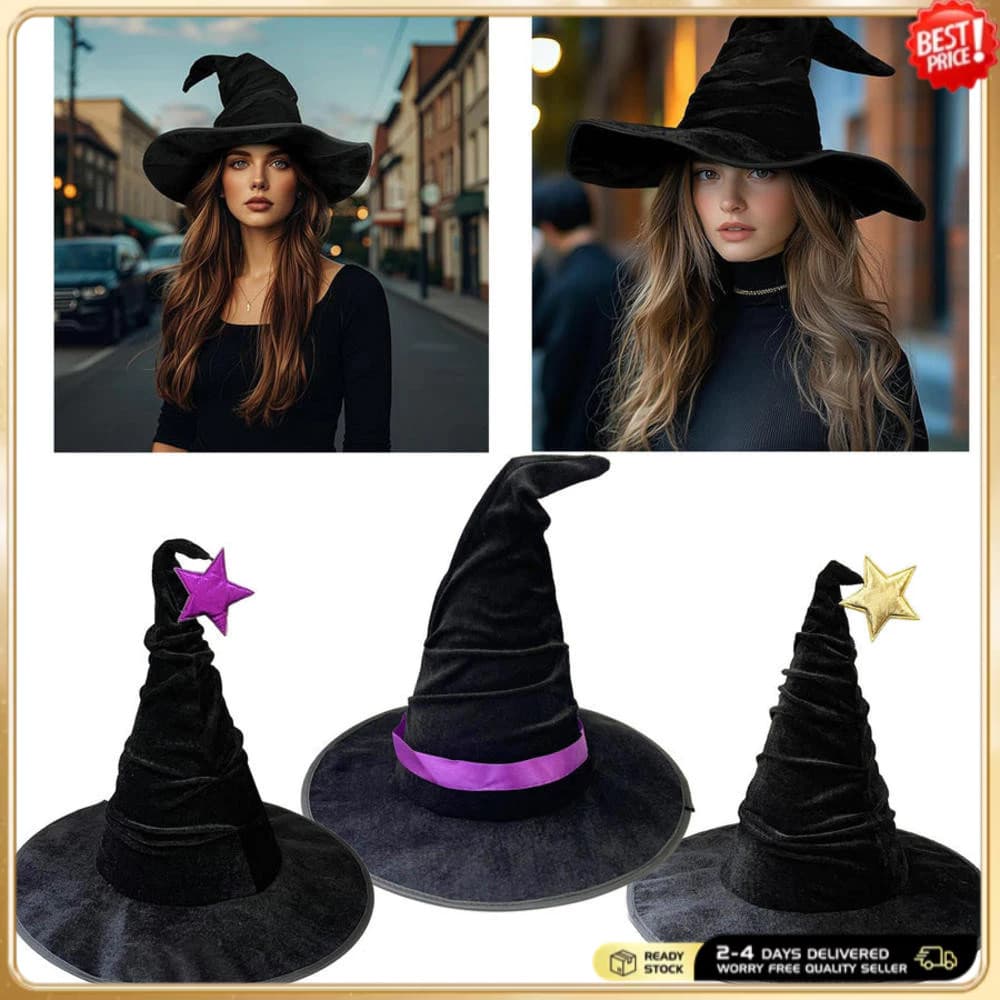 Chapéu de Bruxa Feminino de Veludo com Babados, Chapéu de Máscara de Grande Tamanho com Aba Larga, Acessório para Festa
