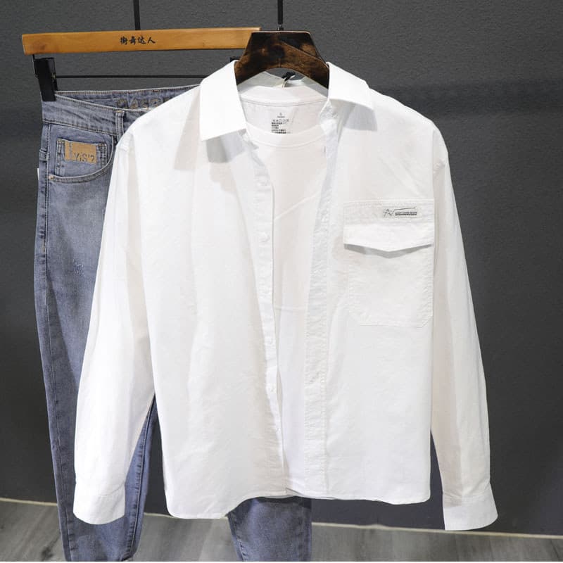Camisa geral masculina primavera verão de manga comprida Casual fundo arco bainha camisa moda masculina Popular camisa S
