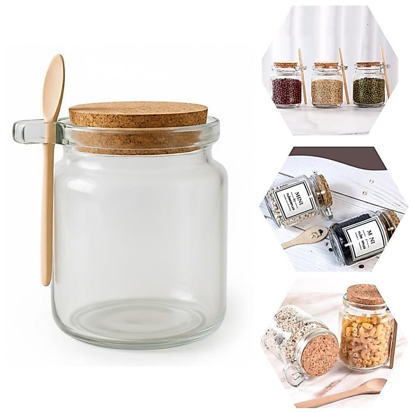 KIT 12 Potes Com Colher De Bambu Vidro 220ML Vedação Cortiça Porta Temperos Açúcar Mel Resistente