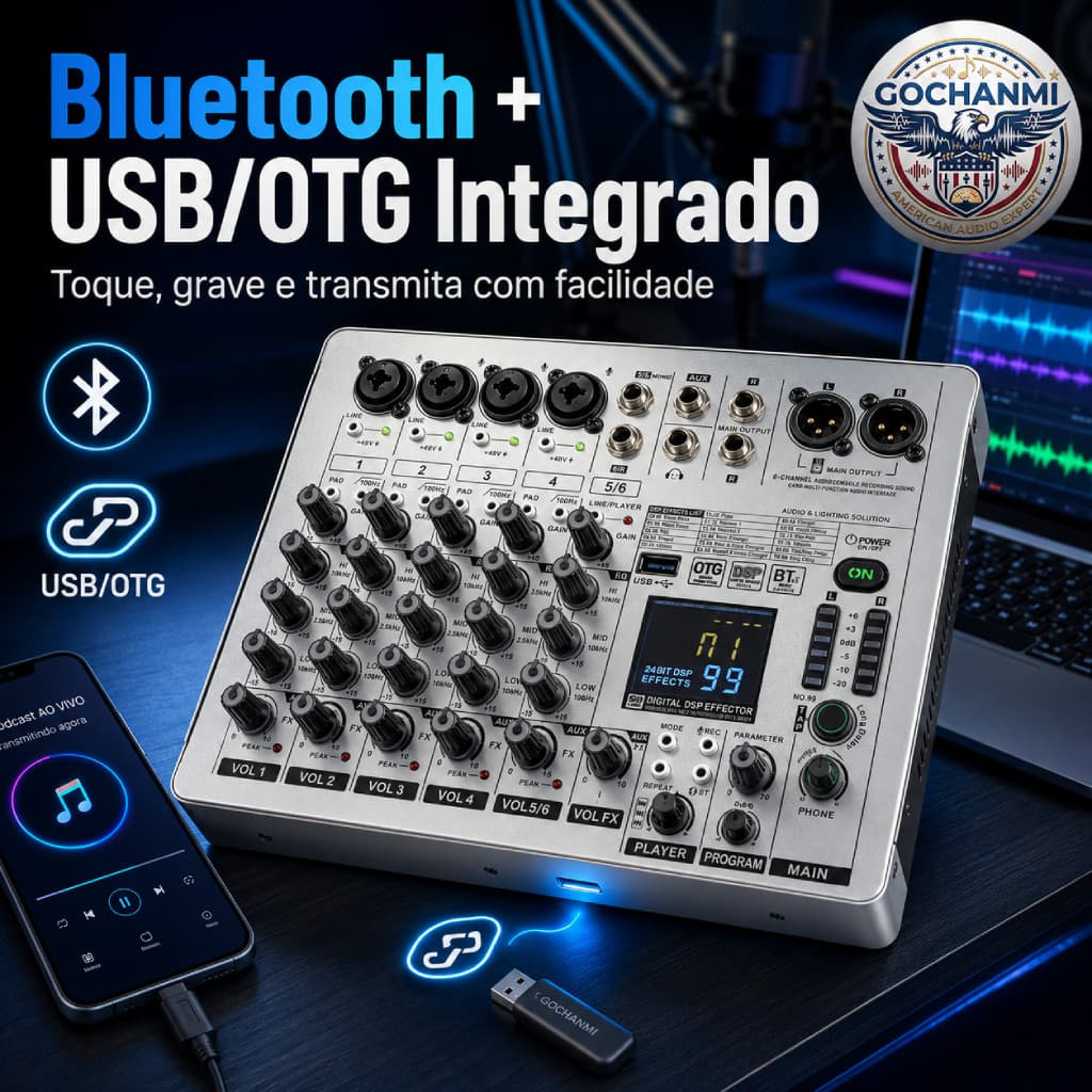 Mesa de Som Profissional 6 Canais GOCHANMI MB6 Com Bluetooth USB Placa de Som e Efeitos DSP