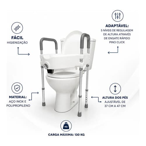 Assento Elevado Sanitário Com Apoio Idoso Supermedy Até 130kg Resistente Pós Cirúrgico
