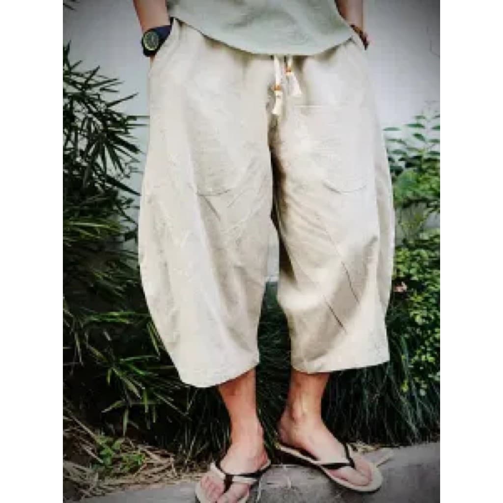 Calças de linho calças cortadas masculinas verão solto calças de perna larga Drape Shorts casuais estilo chinês Street W