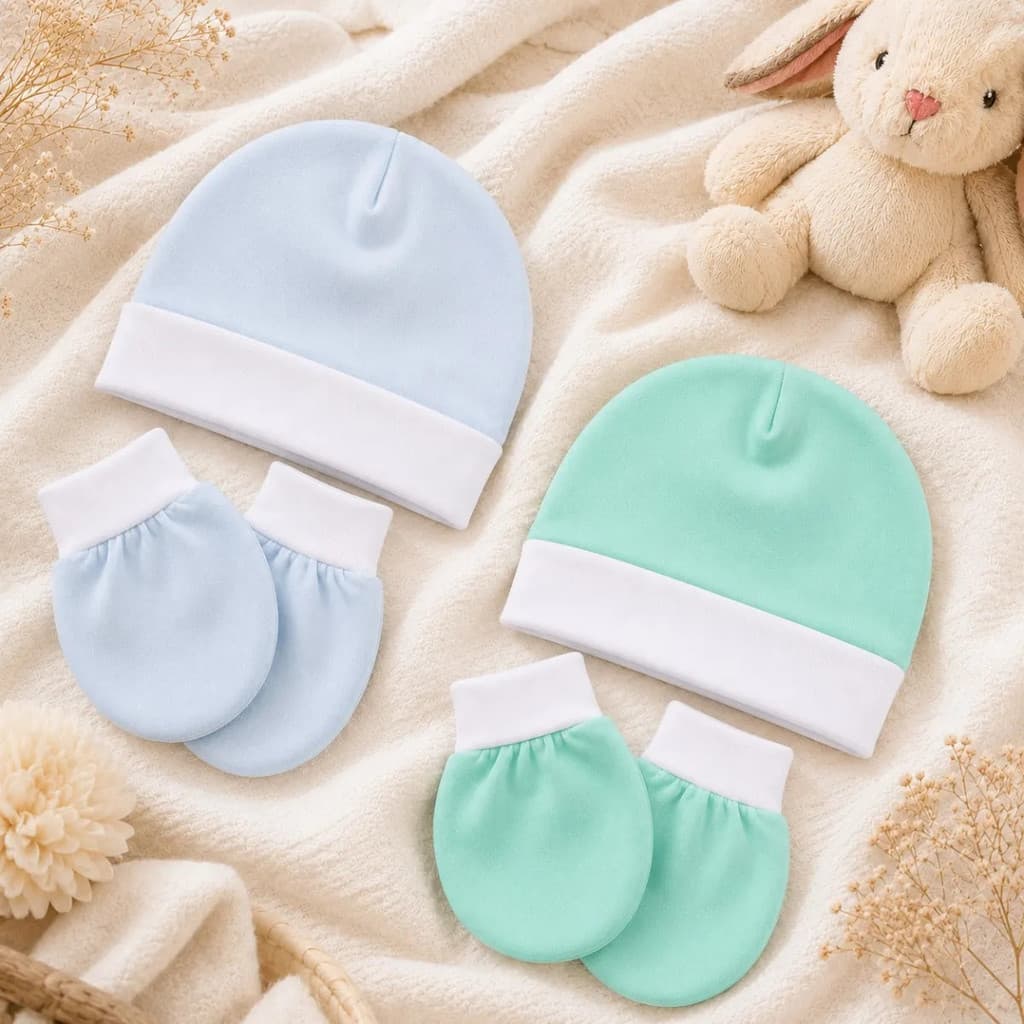 Kit 2 Toucas 2 Luvas Bebê Saída Maternidade Algodão Confort Azul E Verde Água Único