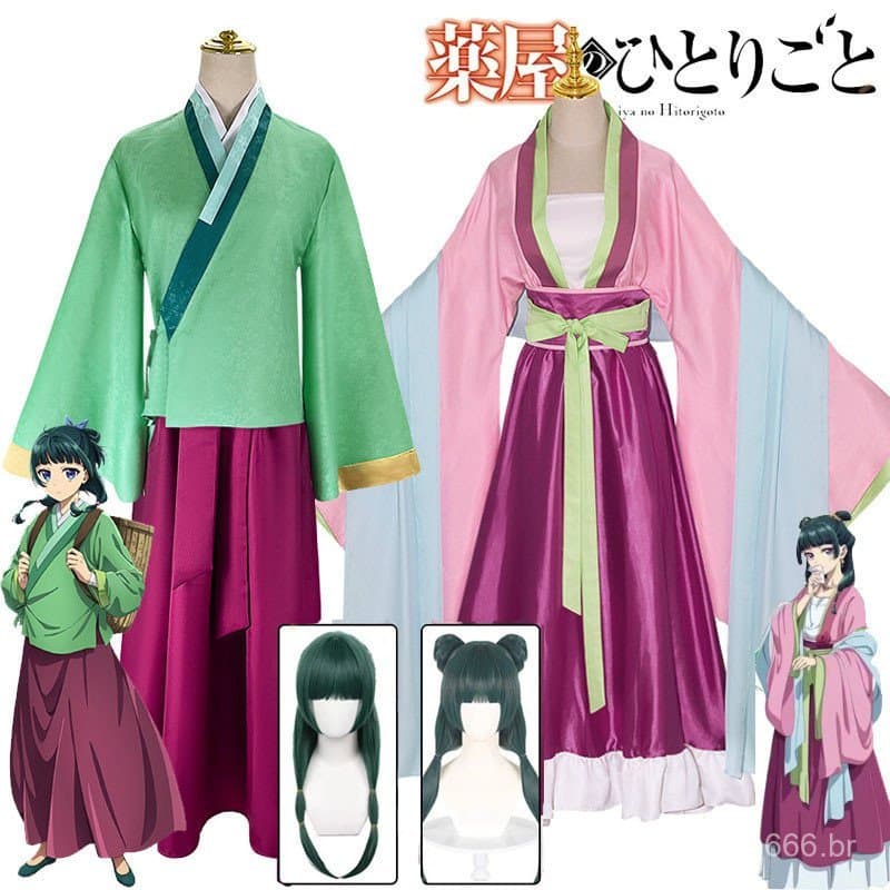 Fantasia de Cosplay Maomao, Peruca, Vestido Anime The Fake Diaries, Saia Verde, Top, Presilha de Cabelo Kusuriya No Hito