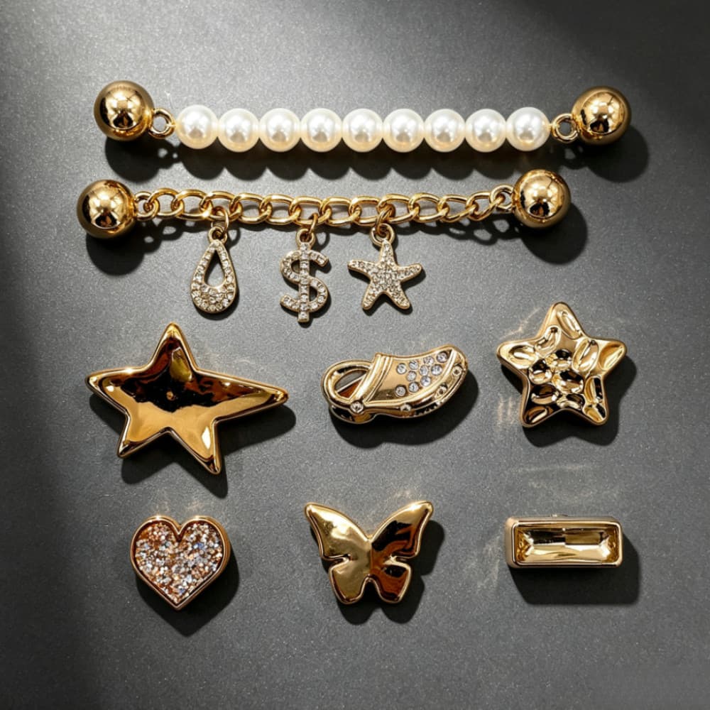 Pérola da série Gold Encantos de sapato, DIY botões e pendentes decorativos de sapato, acessórios de sandálias e Clogs