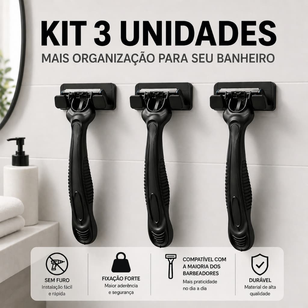 Kit 3 Suporte Para Gillete Sem Furo 3M Adesivo Forte Parede Organizador Banheiro Prático