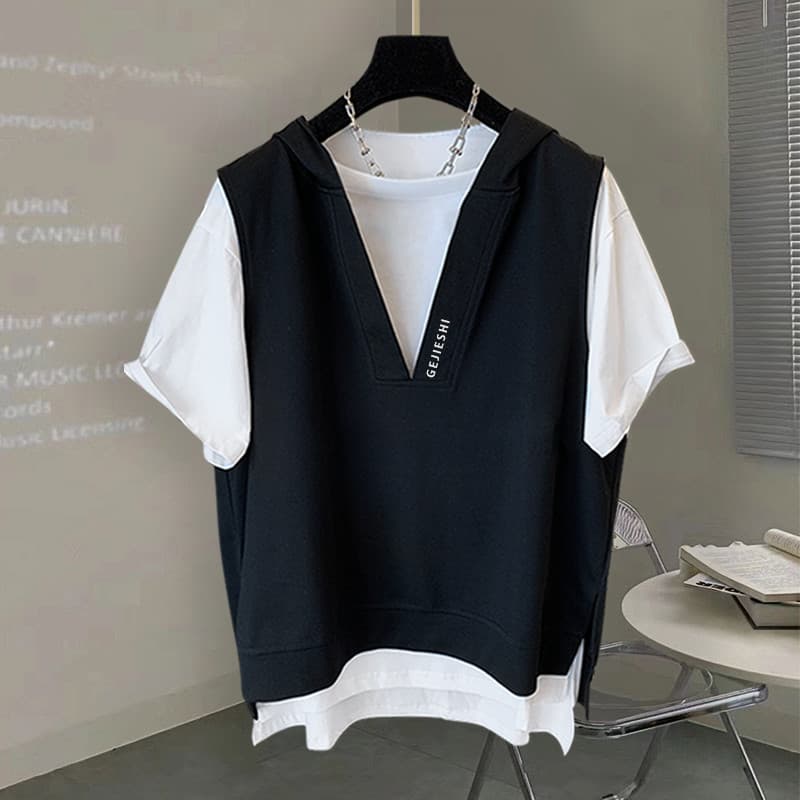 Verão Street Wear com capuz de manga curta camiseta masculina ins versão coreana na moda solta carta bordado