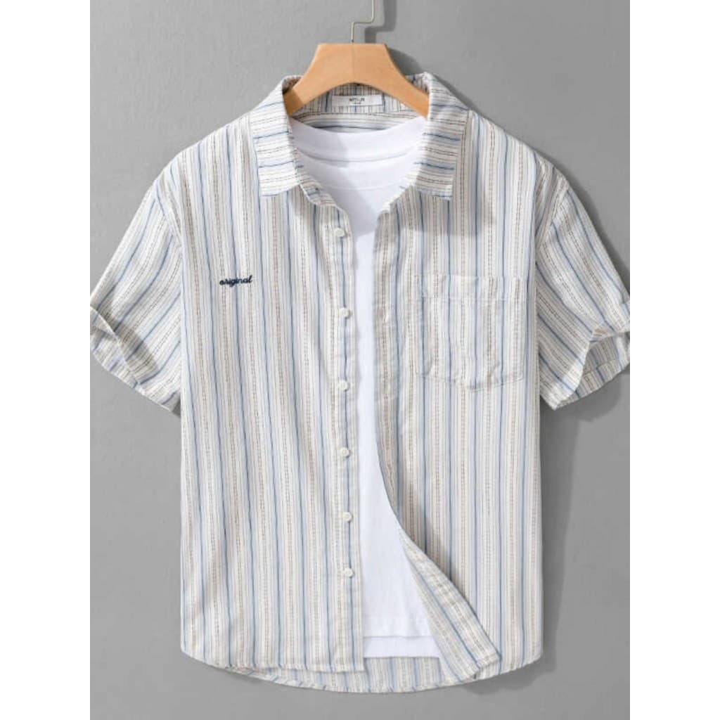Juventude Casual solto japonês Retro listrado camisa de manga curta masculina na moda All-Match camisa de meia manga mas
