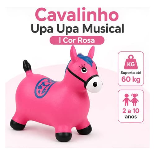 Cavalinho Upa Upa Musical Infantil Pula Pula Borracha Rosa Com Som Brinquedo Crianças 2 a 10 anos