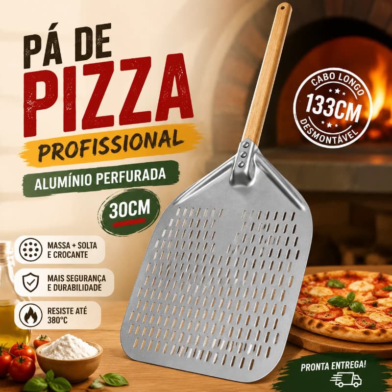 Pá De Pizza Alumínio Perfurada 30cm Profissional Cabo Longo 133cm