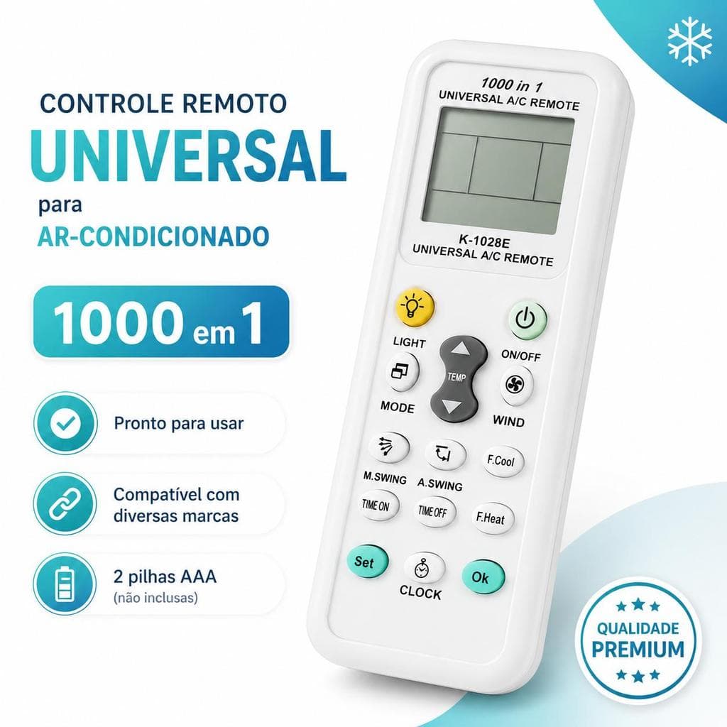 Controle Remoto Universal para Ar-Condicionado K-1028E 1000 em 1, Compatível com Diversas Marcas, LCD Amplo