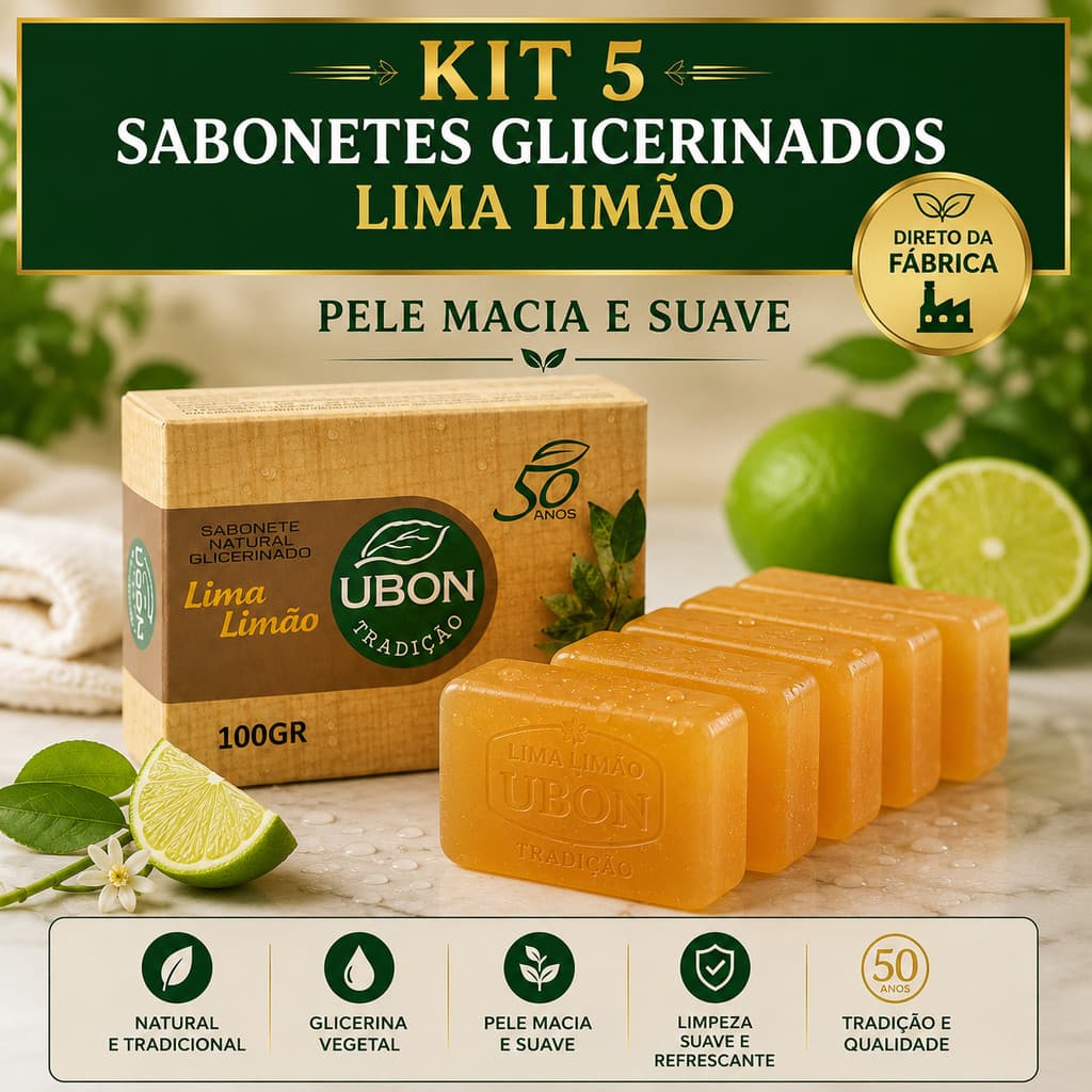 Kit 5 SaboneteS Glicerinados Lima Limão Ubon 100g com Óleo Essencial de Eucalipto Citriodora