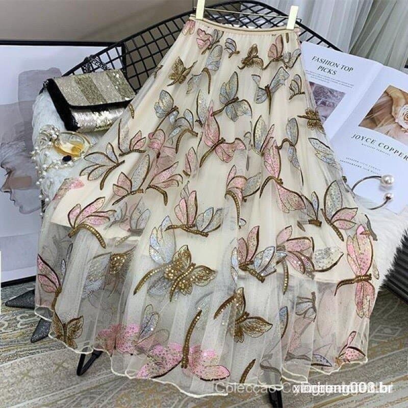 Saia Midi de Tule 65/75/85CM com Lantejoulas Bordadas de Libélula para Mulheres Y5JA 6895 2081