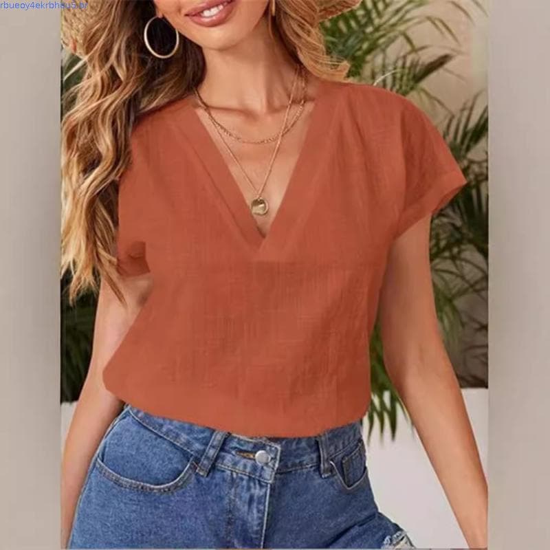 Blusa Elegante Feminina de Algodão e Linho em Cor Sólida para o Verão, Csa Casual Solta de Manga Curta, Blusas Soltas