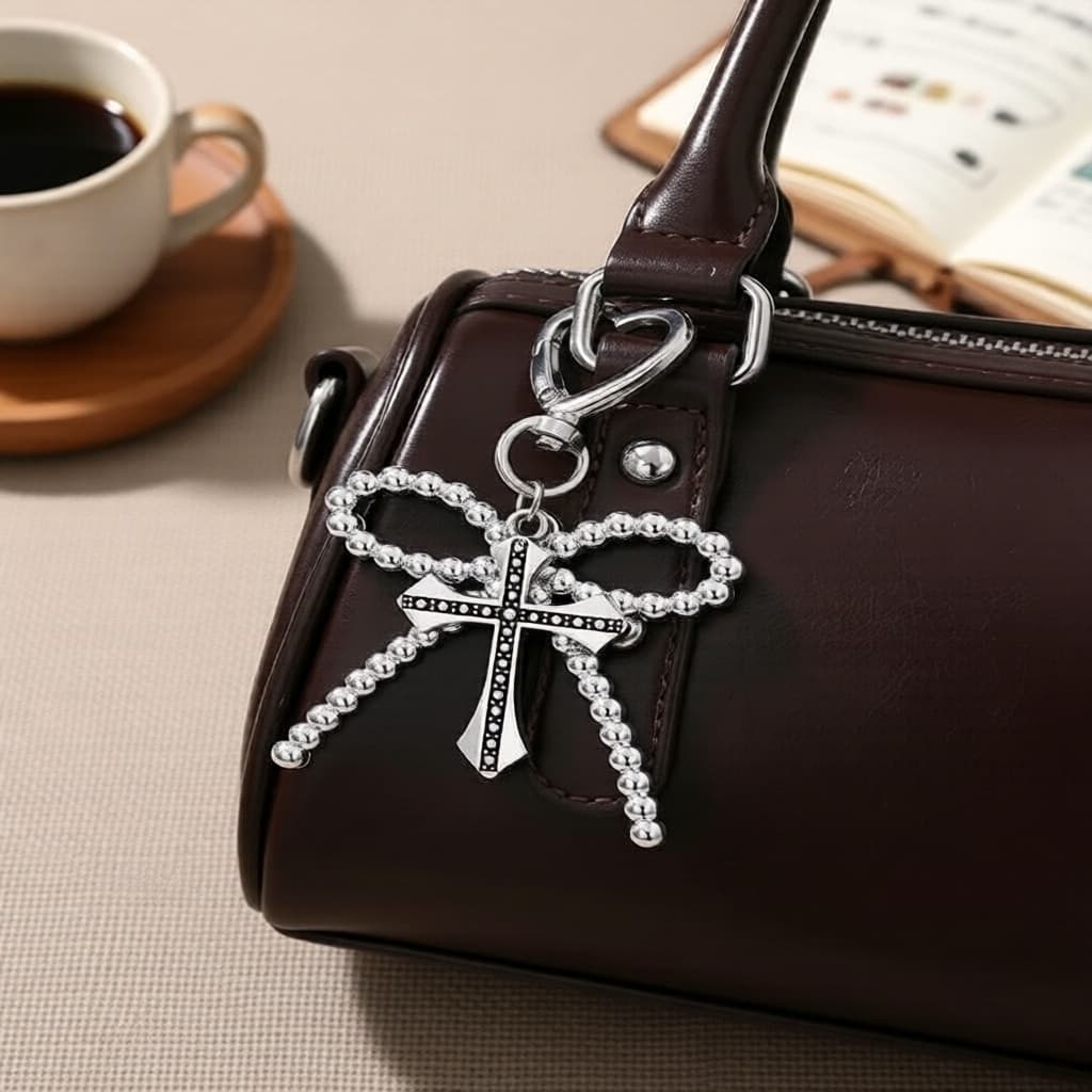 Charme de Chaveiro Cruzado com Laço e Strass Gótico para Bolsa, Capa de Celular, Carro, 1 unidade