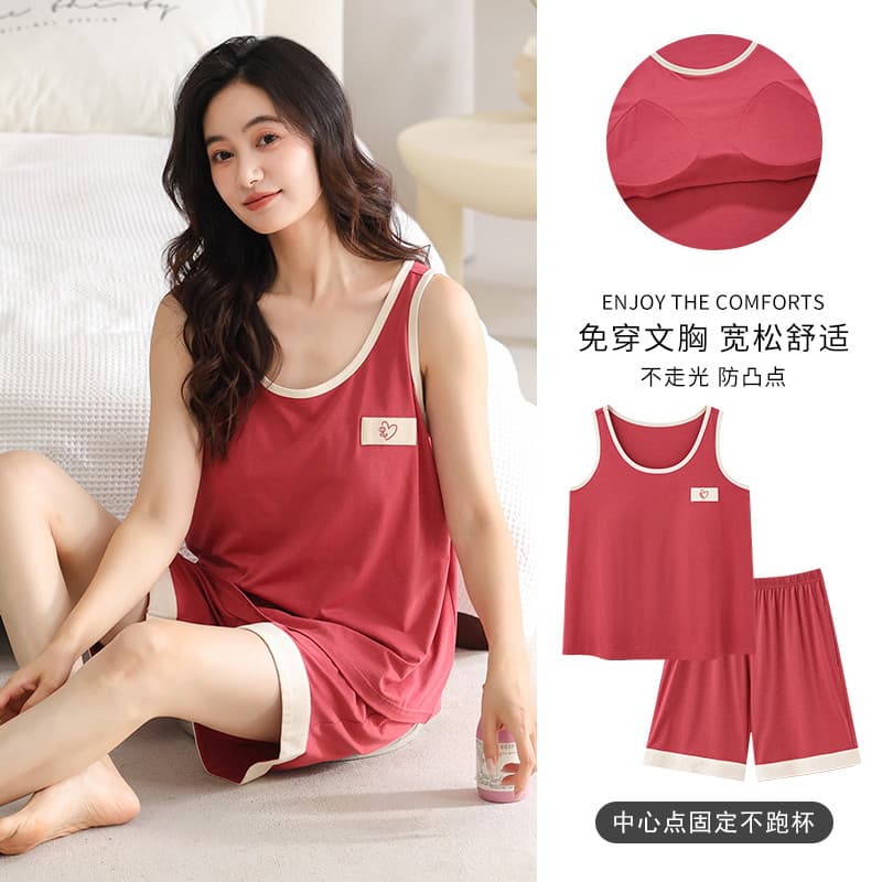 Pijamas femininos verão Modal camisola sem mangas Shorts com almofada no peito estilo fino verão exterior Wear Homewear