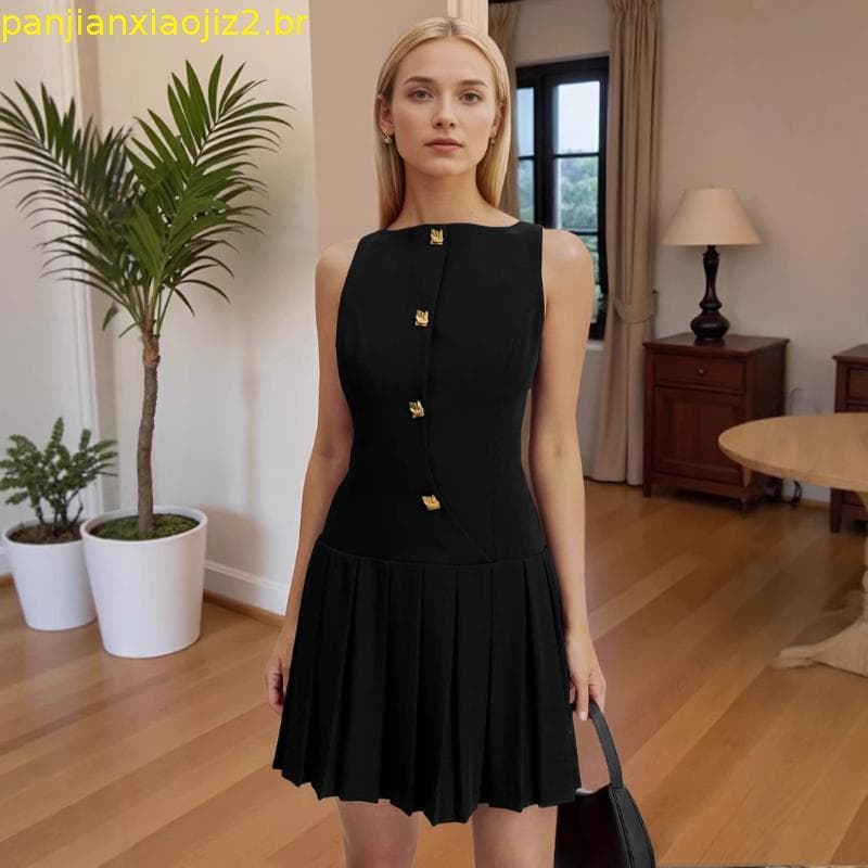 Vestido Curto Feminino Minimalista Largo Plissado Cor Sólida Sem Mangas