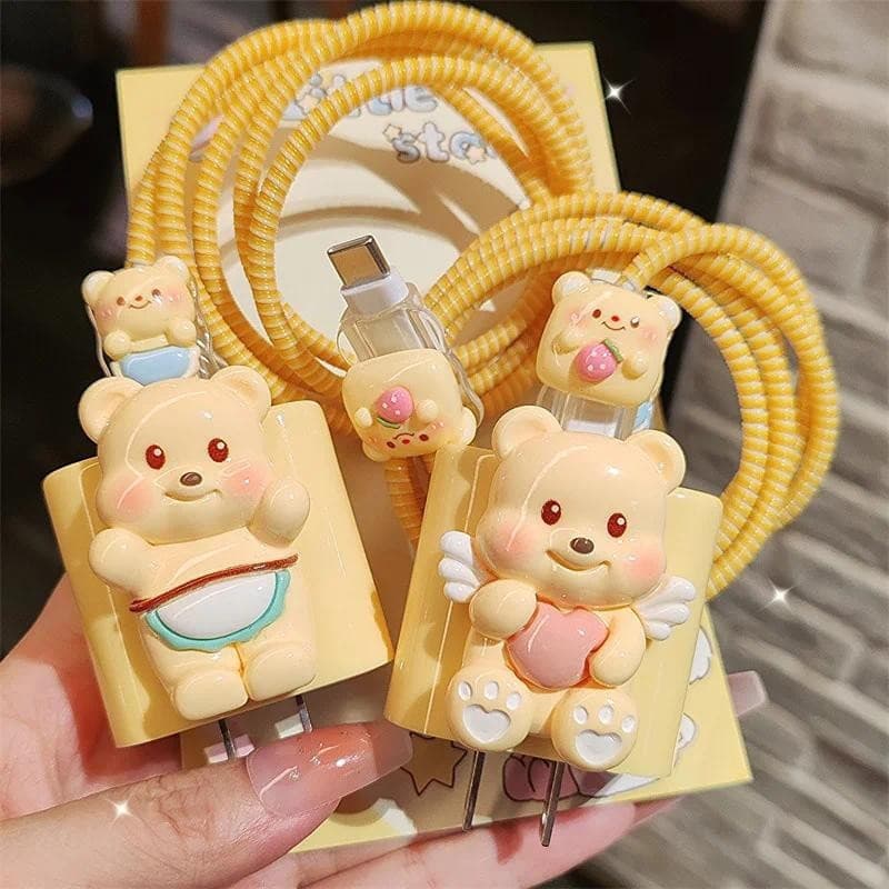 Protetor de Cabo de Carregamento com Design de Urso 3D, Compatível com iPhone 15 14 13 12 11, Protetor de Cabo Espiral d