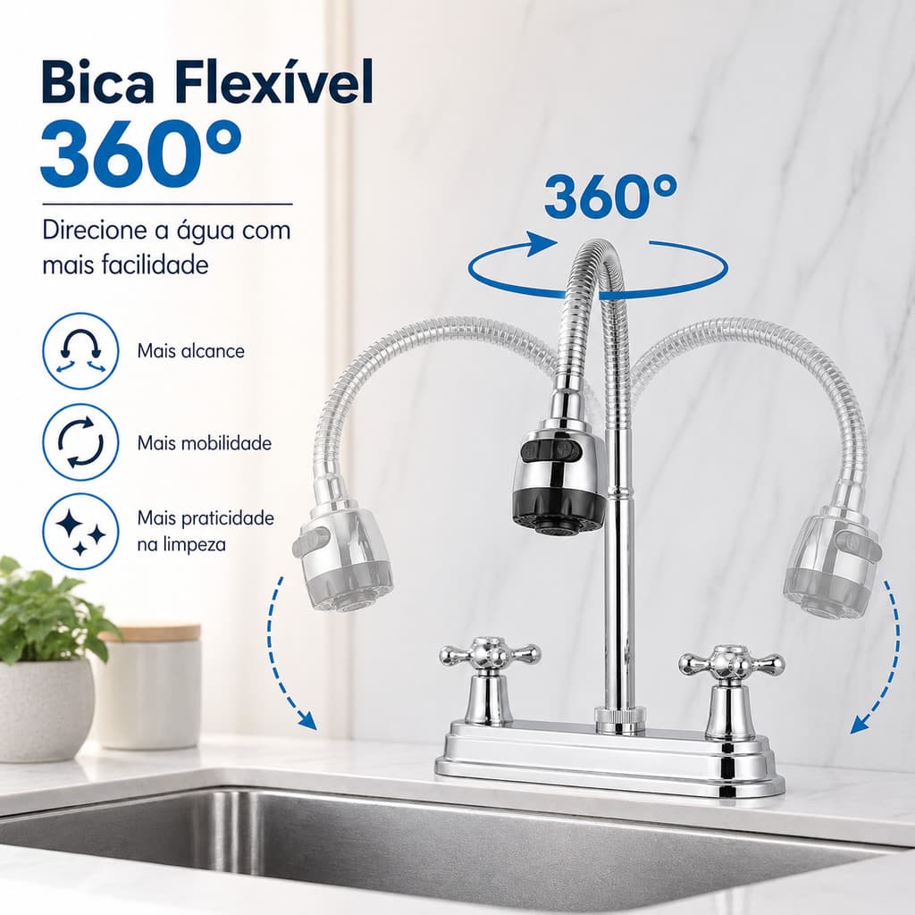Torneira Pia Cozinha Flexível 360° Misturador Quente Fria Cromada Bica Móvel Chuveirinho Água Cozinha Moderna