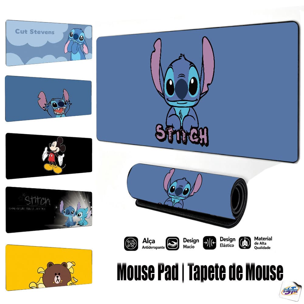 Mouse Pad Gamer Tapete de Mouse 80x30cm Stitch e Mickey, Base de Borracha Antiderrapante Borda Costurada FPS Escritório