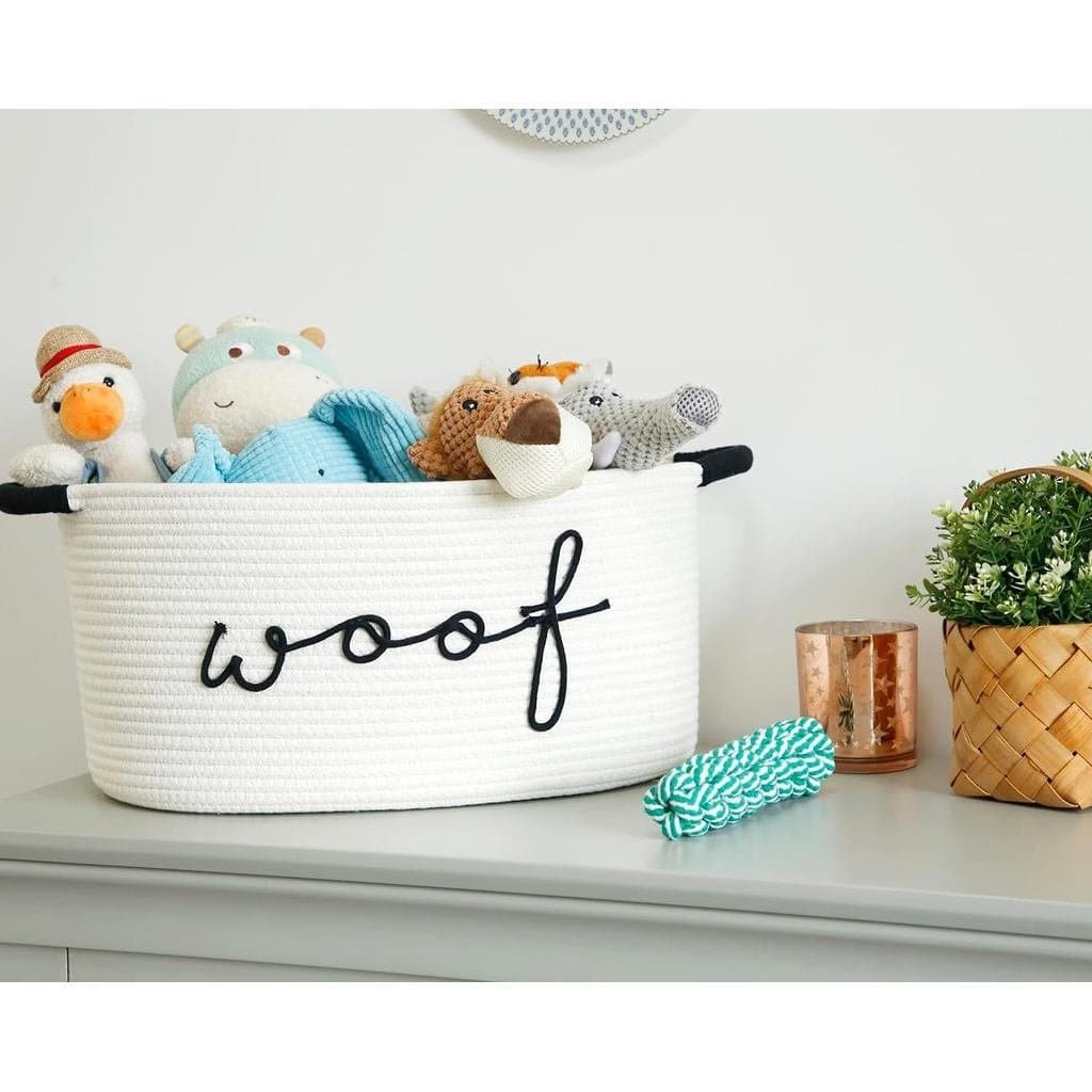 Cesto de Brinquedos para Cães Woof, Cesto Trançado para Animais de Estimação com Alças Duráveis, Caixa de Armazenamento