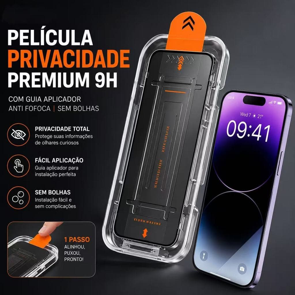 Película para iPhone 9H com Privacidade Caixa Aplicadora Premium Sem Bolhas 11 12 13 14 15 16 17