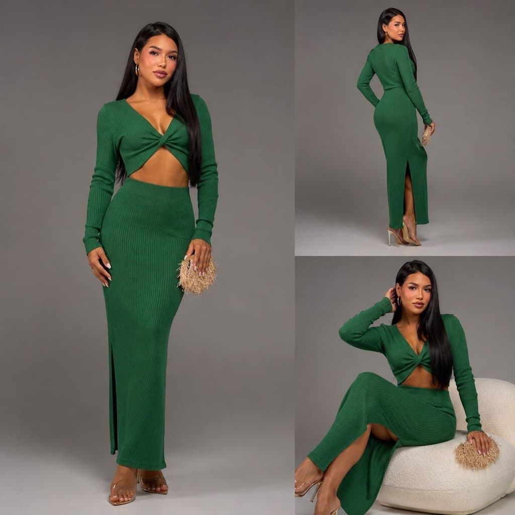 Conjunto Feminino 2 Pçs Cropped Manga Longa Saia Longa com Fenda atrás