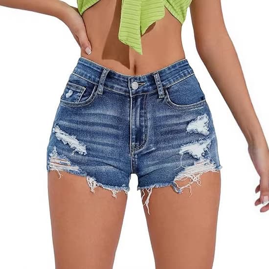Shorts jeans europeus e americanos, jeans de cor clara, shorts de cintura alta desfiados, shorts da moda para o verão.