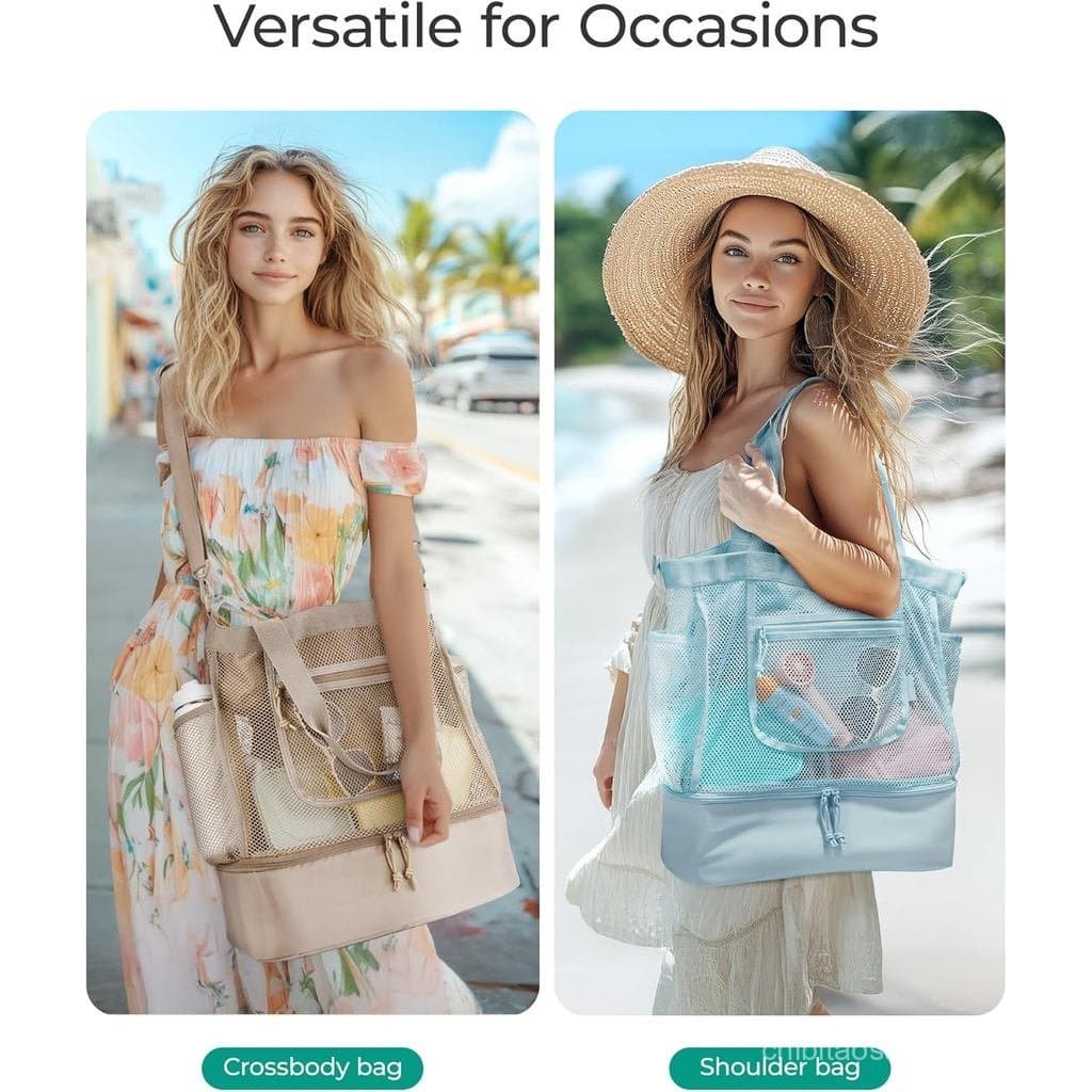 Bolsa de Praia BAGSMART para Mulheres, Sacolas de Malha com Zíper, Essenciais para Férias à Prova de Areia com Cooler pa
