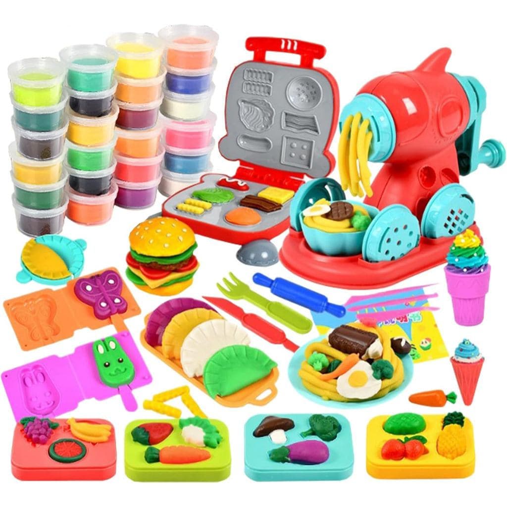Conjunto 2 em 1: 51 peças de brinquedos criativos de cozinha, 24 peças de massinha de modelar, máquina de fazer macarrão