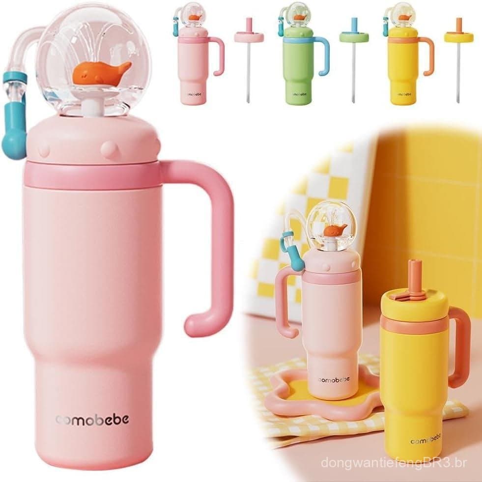 Garrafa de Água em Aço Inoxidável de 24oz com Alça - Design de Tampa Dupla, Garrafa com Efeito Divertido de Fonte de Águ